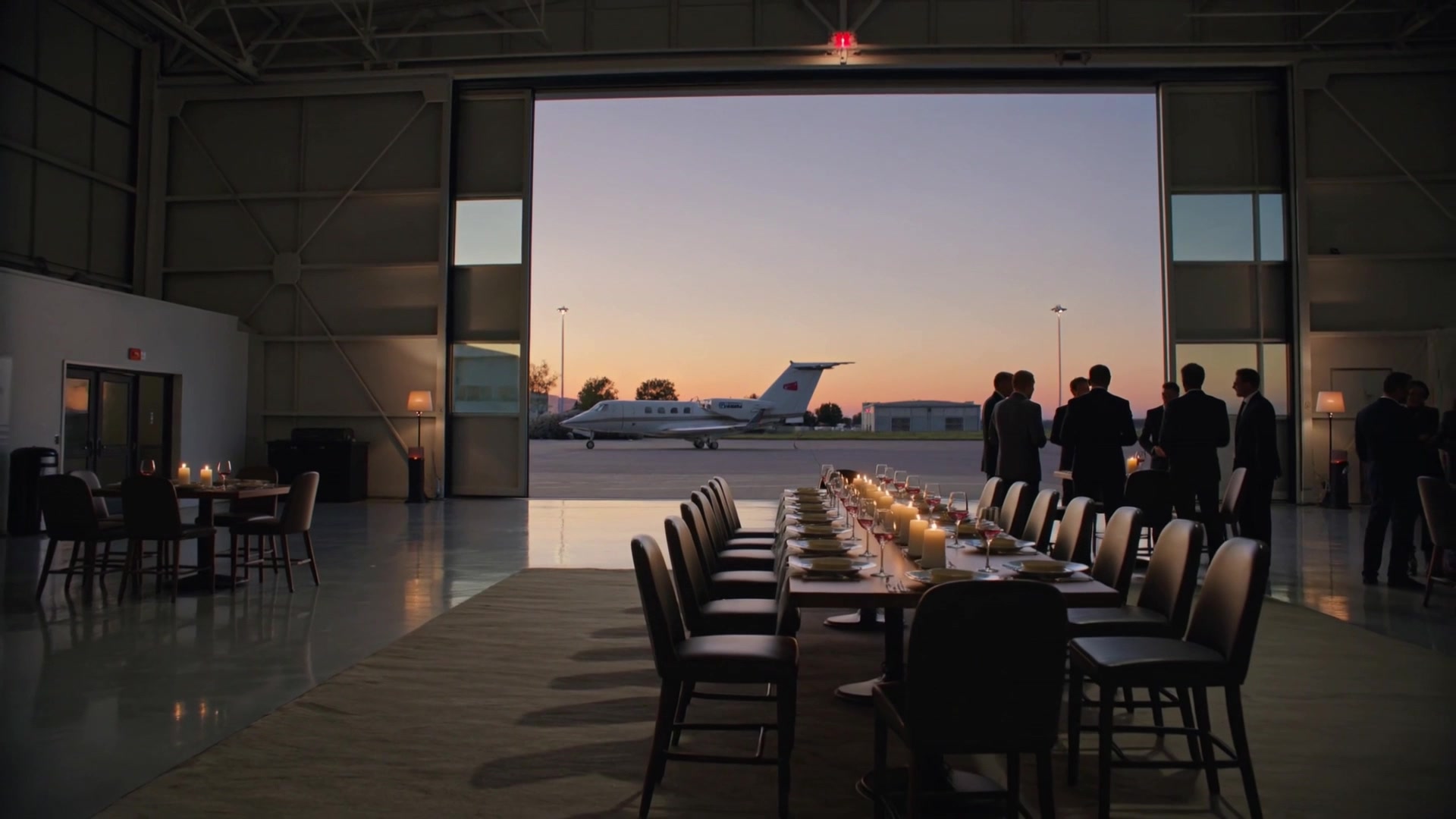 Cinematic concept of an aircraft hangar prepared for a small gathering